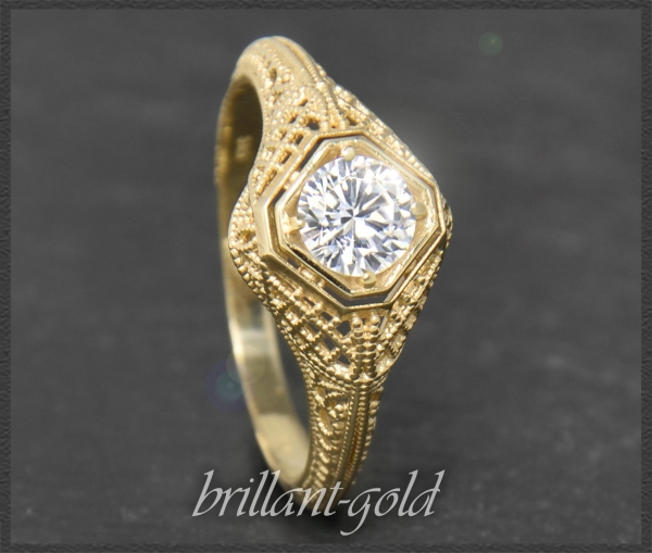 Solitär Ring 0,63ct Brillant im Antik Design,  585 Gold